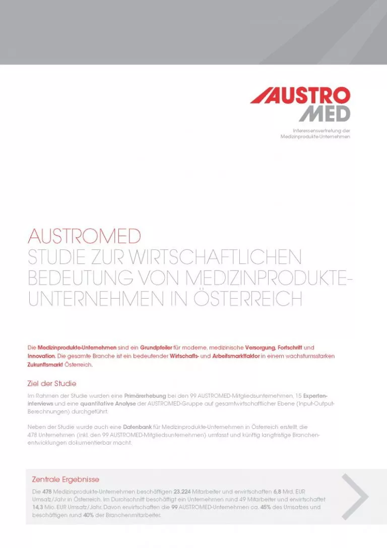 AUSTROMED Studie zur wirtschaftlichen Bedeutung von Medizinprodukteunternehmen in Österreich - Cover